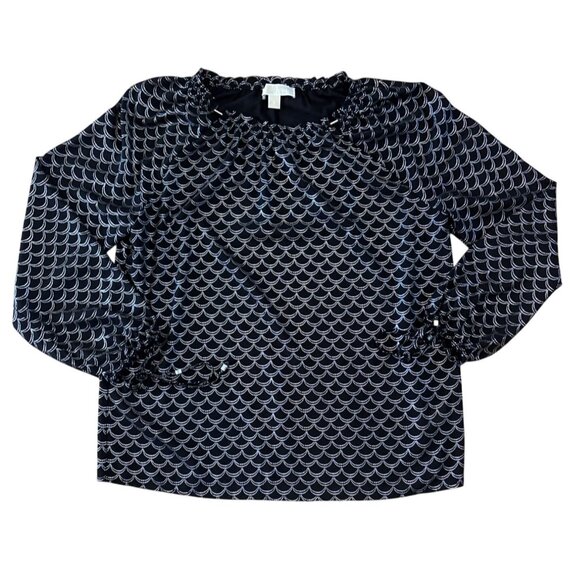 Michael Kors Print Blouse Long Sleeve Womens Med Black Silver Scallop Polyester - Picture 1 of 6